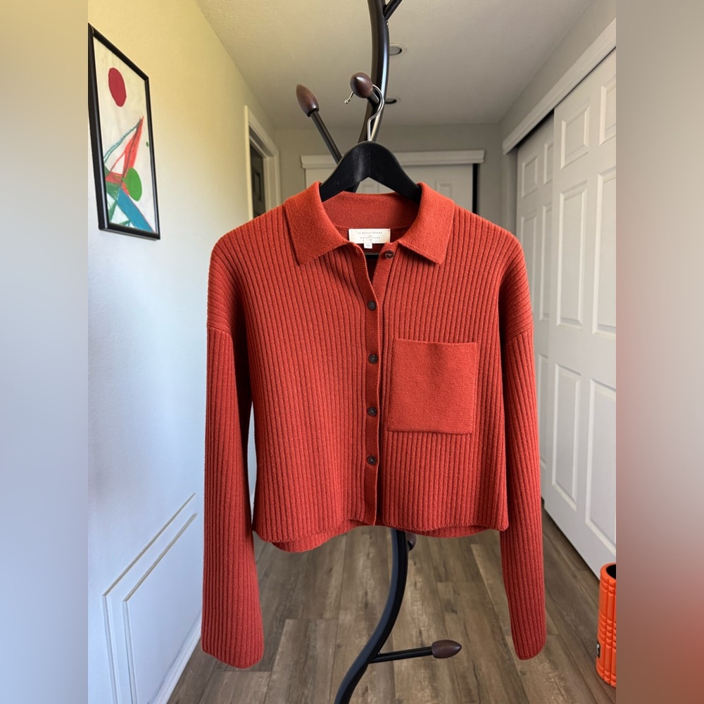 Sezane Brick Red Ribbed Cardigan